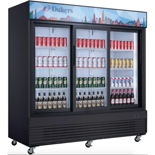 DUKERS DSM-68SR COMMERCIAL GLASS SLIDING 3-DOOR MERCHANDISER REFRIGERATOR